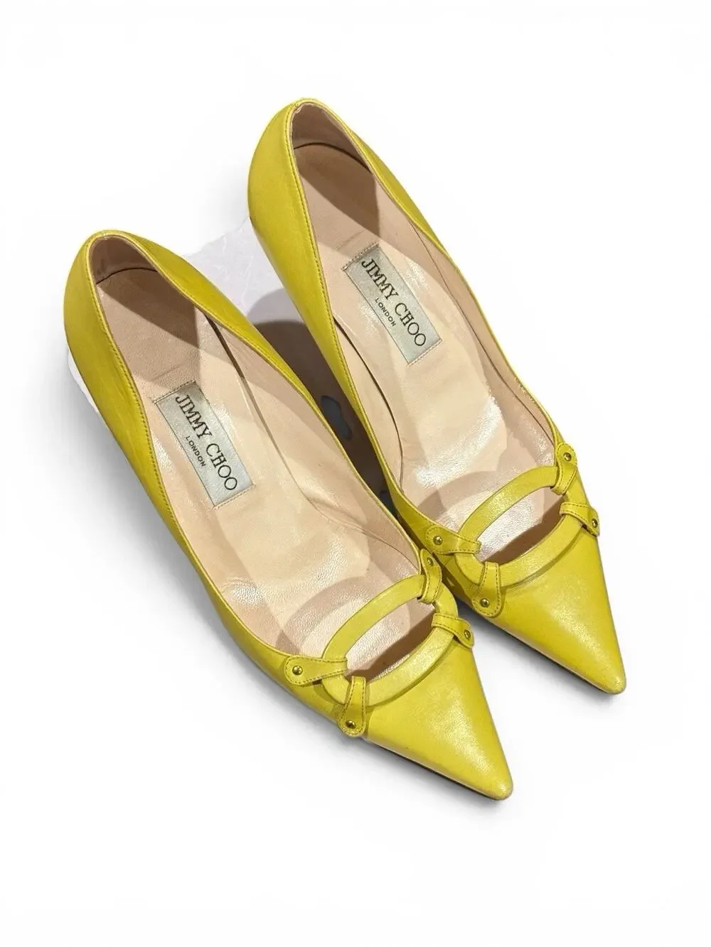Vtg Jimmy Choo Lime Kid Leather Harness Detail Pointed Toe Kitten Heel 38.5 |8.5